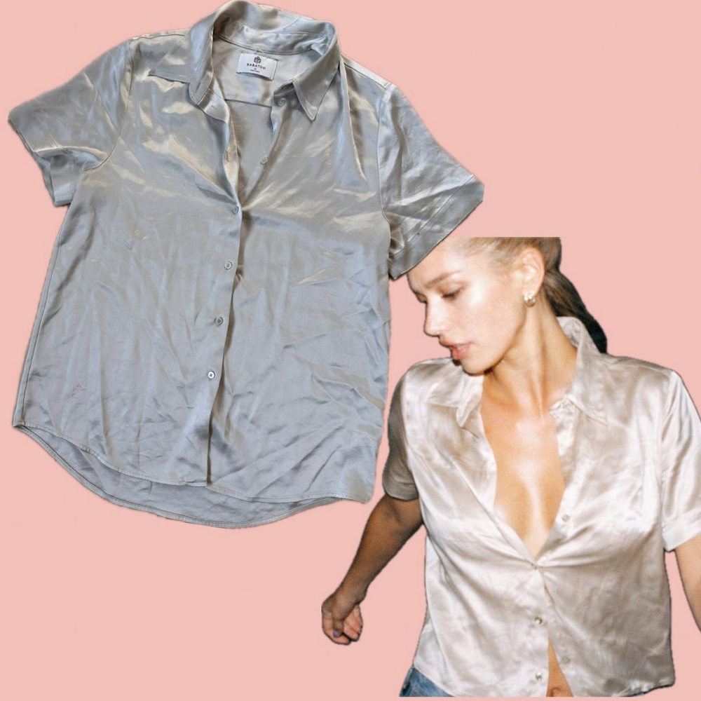 Aritzia Babaton champagne satin short sleeve shirt blouse size M